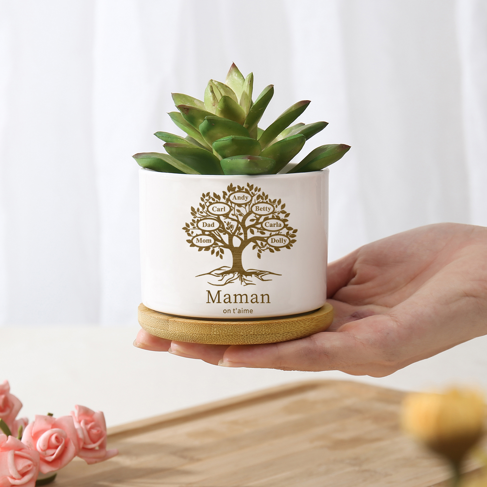 Vase/Pot de Fleurs Arbre de vie 7 Prénoms Personnalisés avec Texte Décoration de la Maison (sans plantes)