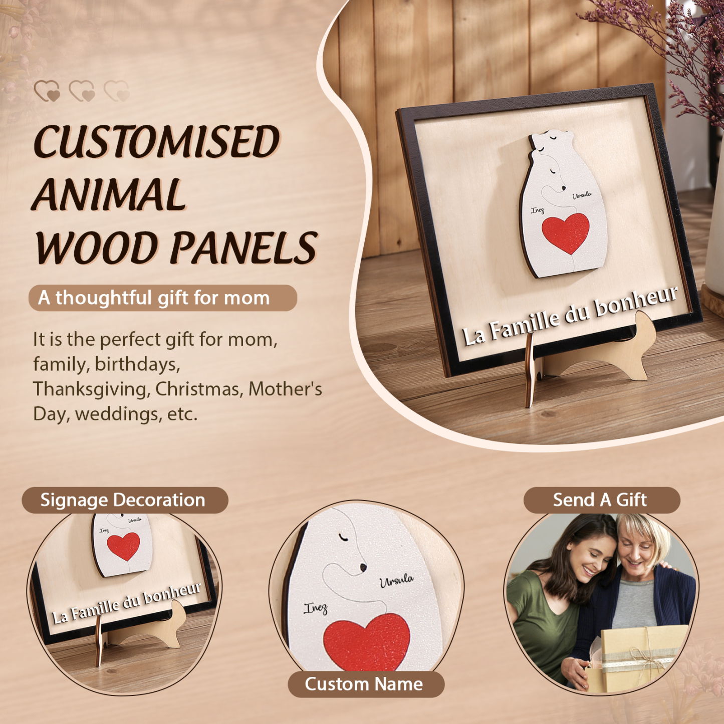 À ma Famille - Décoration en bois Ours 2 Prénoms Personnalisés Ornement pour Famille