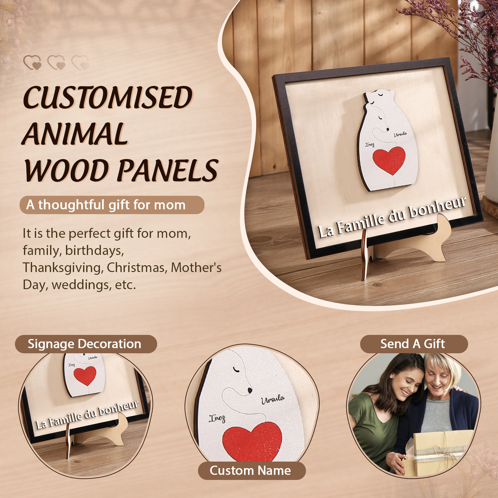 À ma Famille - Décoration en bois Ours 2 Prénoms Personnalisés Ornement pour Famille