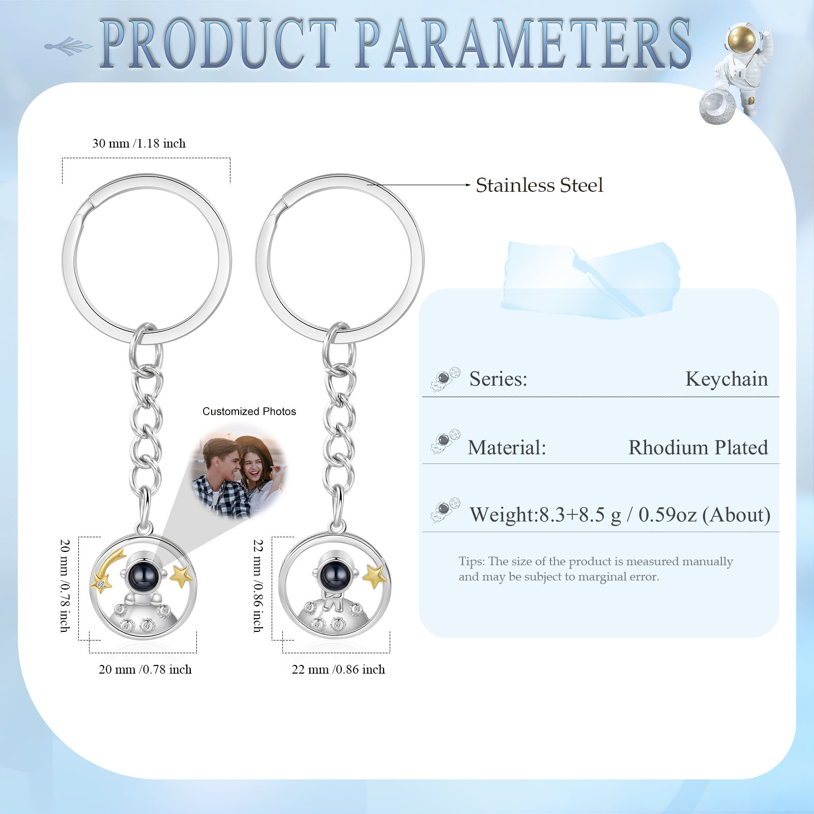 Porte-Clés Projection de Pierres 1 Photo Personnalisée Porte-Clés Astronaute pour Couple