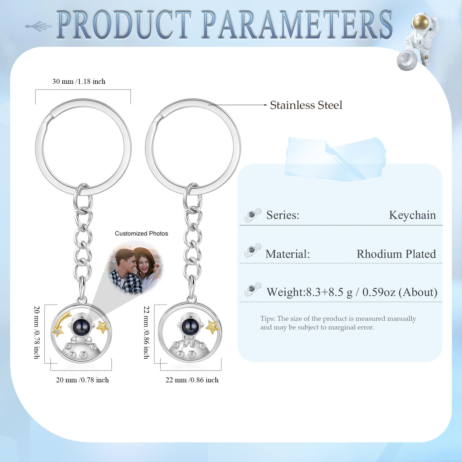 Porte-Clés Projection de Pierres 1 Photo Personnalisée Porte-Clés Astronaute pour Couple
