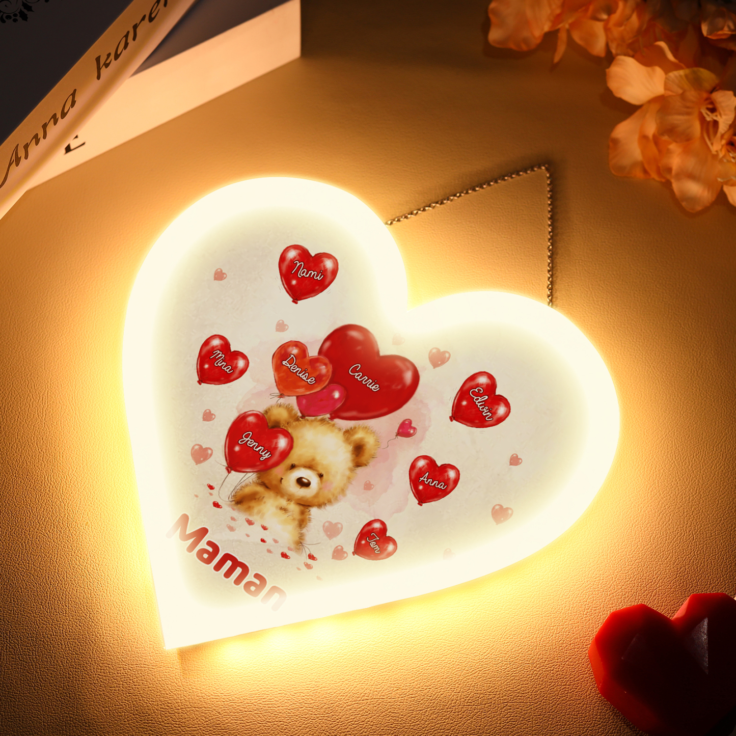 À Maman/Mamie - Veilleuse Cœur Décoration Ours 8 Prénoms Personnalisés avec 1 Texte