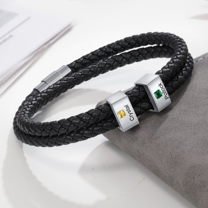 Bracelet 2 Prénom Personnalisé Avec 2 pierre de naissance Bracelet Homme