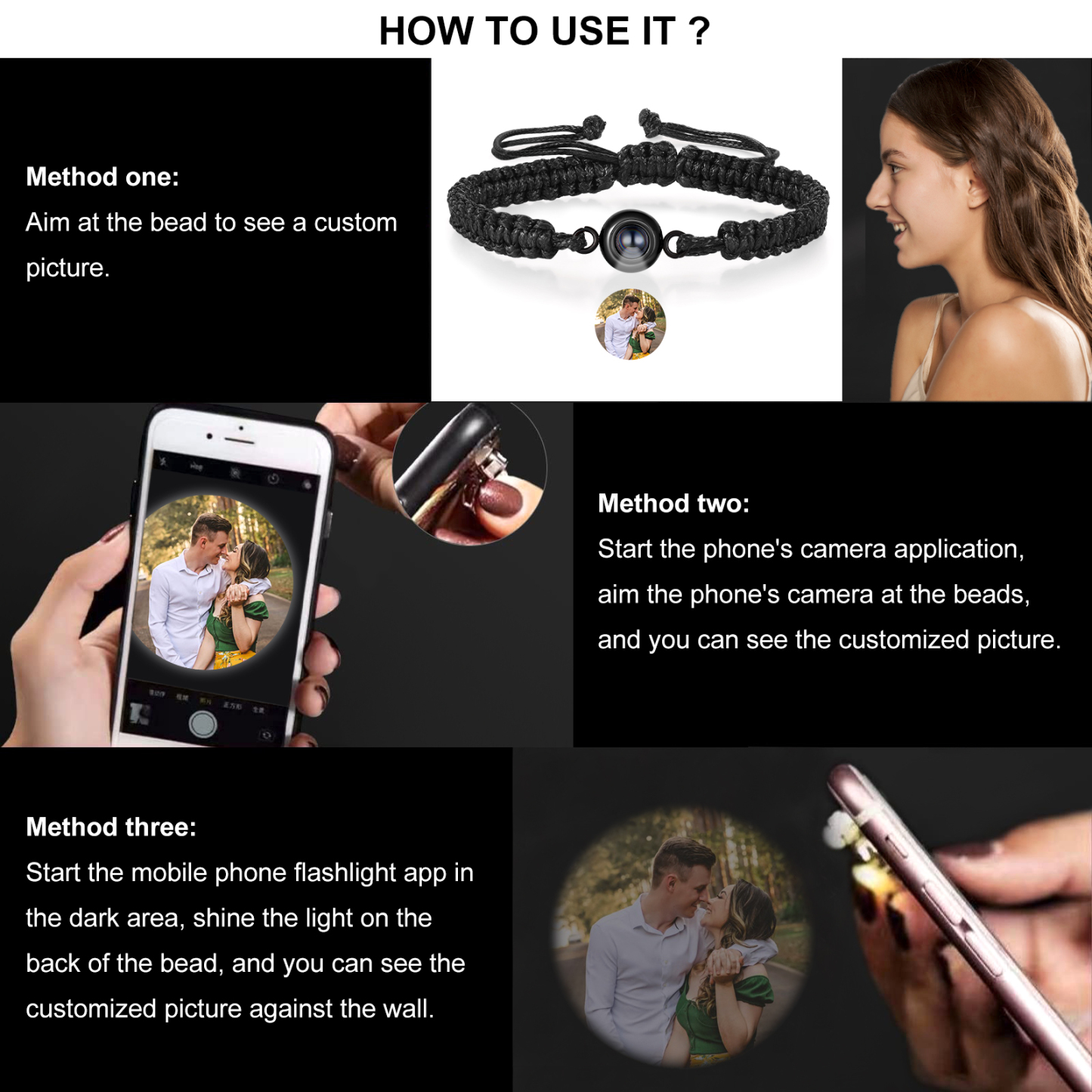 Bracelet Acier Titane Personnalisée Bracelet Photo Projection  Noir pour Couple｜ Jessemade