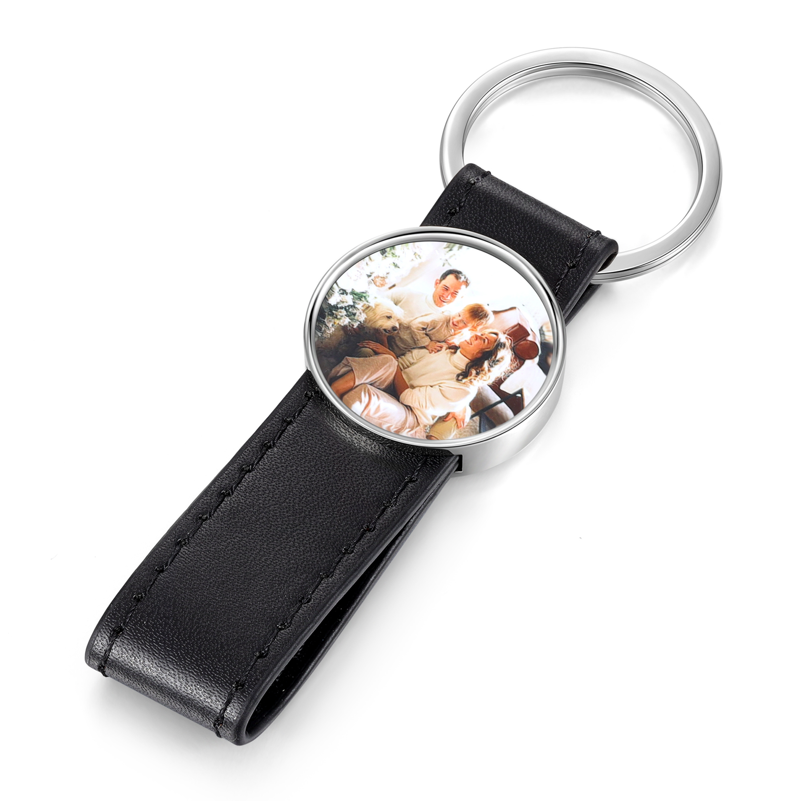 Porte-Clés Cuir PU Rond Photo Personnalisée Porte-Clés Homme