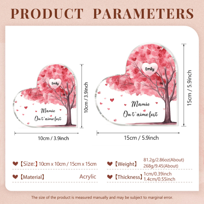 À ma Maman/Mamie - Plaque Acrylique Arbre en Forme de Cœur 1 Prénom Personnalisé avec 1 Texte