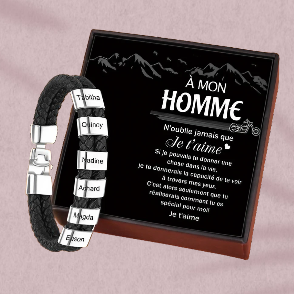 À mon homme - Bracelet en cuir tressé à perles personnalisé pour petit-ami / mari avec 6 prénoms gravés