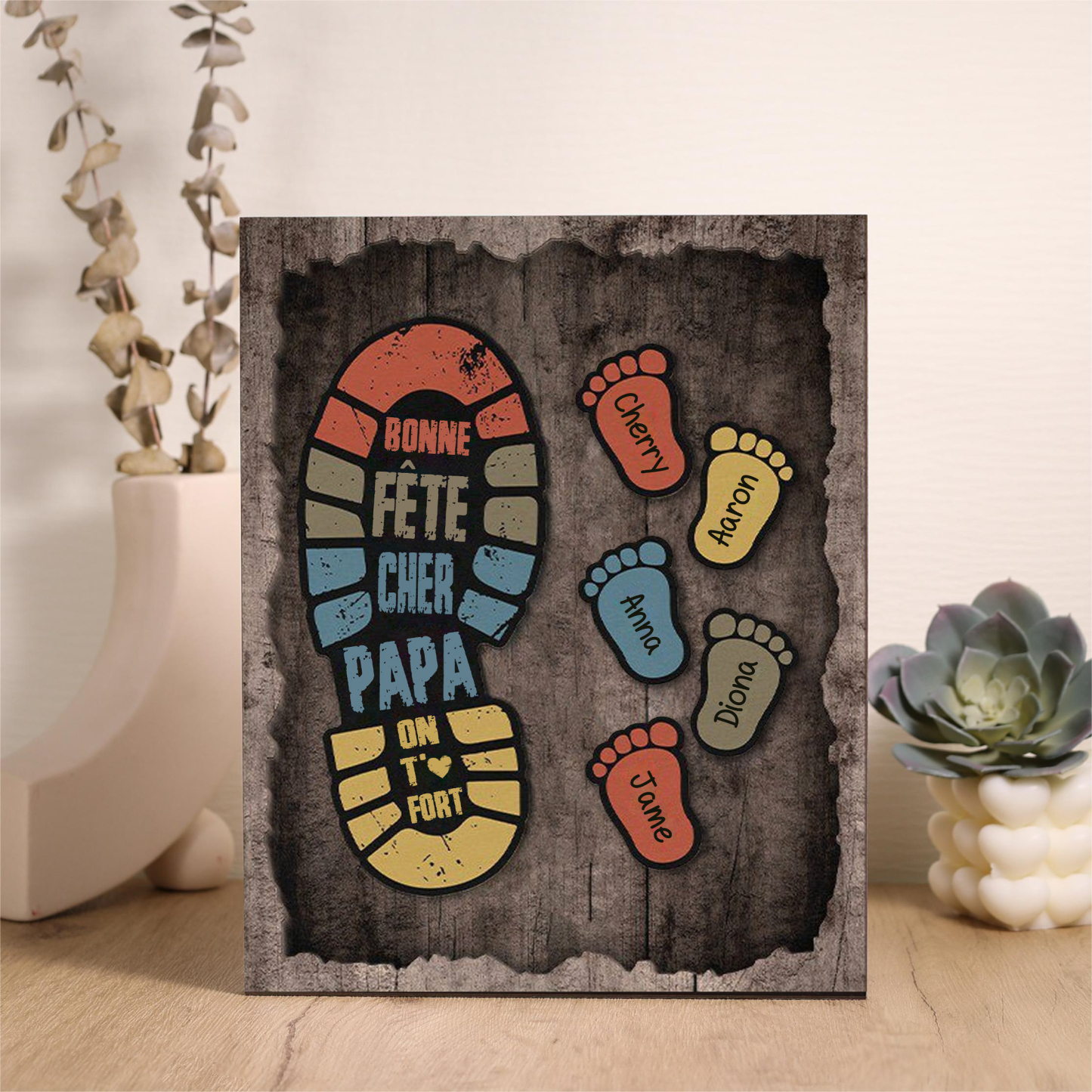 À Mon Papa-Cadre en Bois Pieds Bébé 5 Prénoms Personnalisés