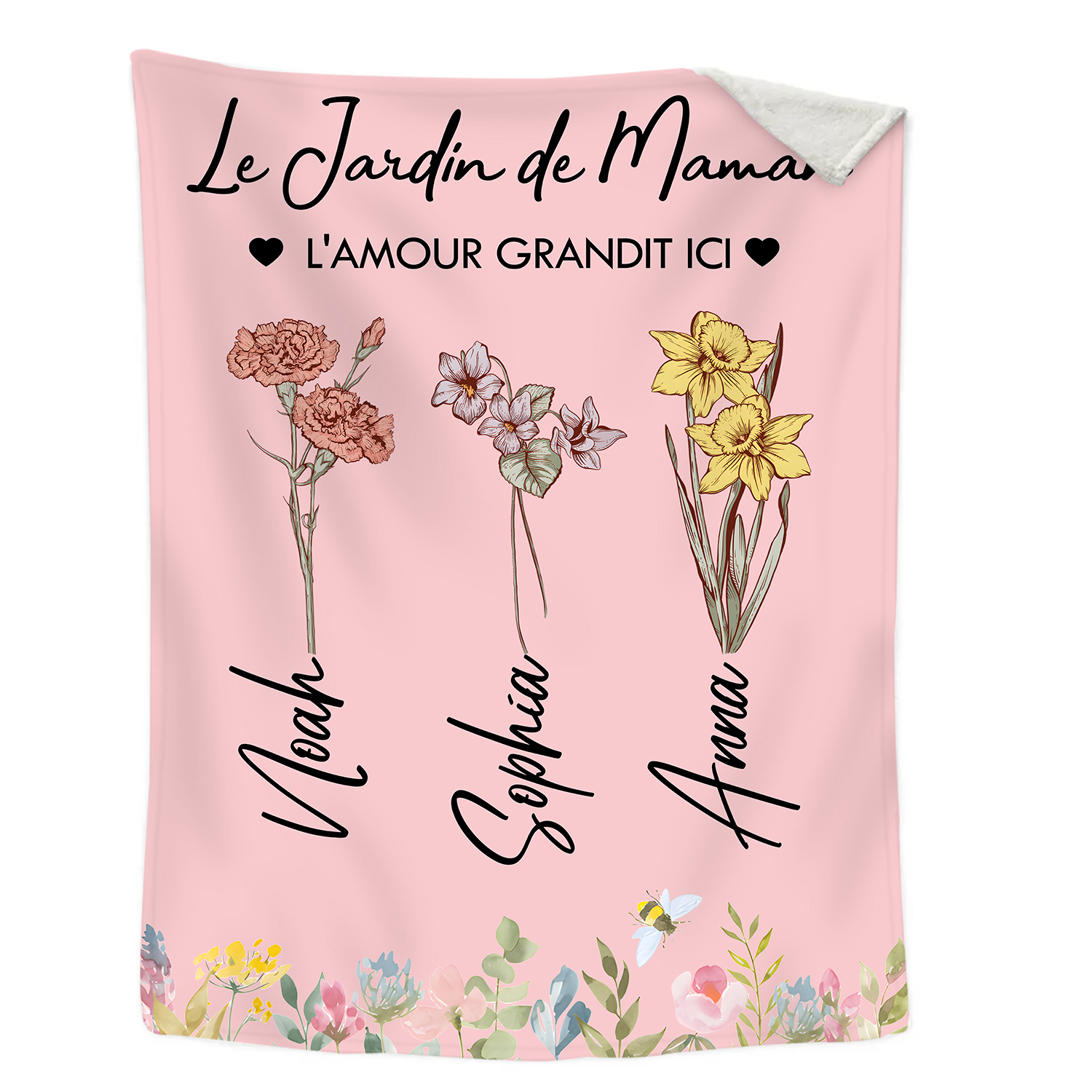 À ma Maman - Plaid Personnalisé 3 Prénoms Personnalisés avec Fleurs de Naissance Couverture le jardin de Maman en Flanelle Blanc ou Rose | Jessemade