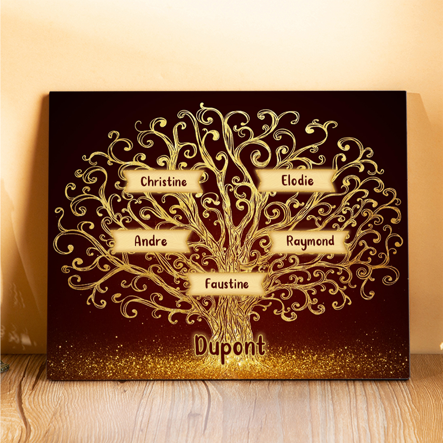 Cadre en Bois Arbre 5 Prénoms Personnalisés avec Texte Cadeau pour Famille