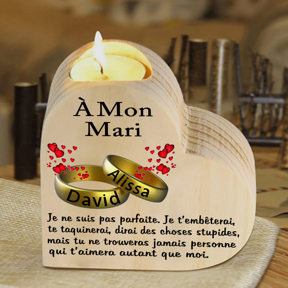 À Mon Mari-Bougeoir en Bois Couple 2 Prénoms Personnalisés sans bougie