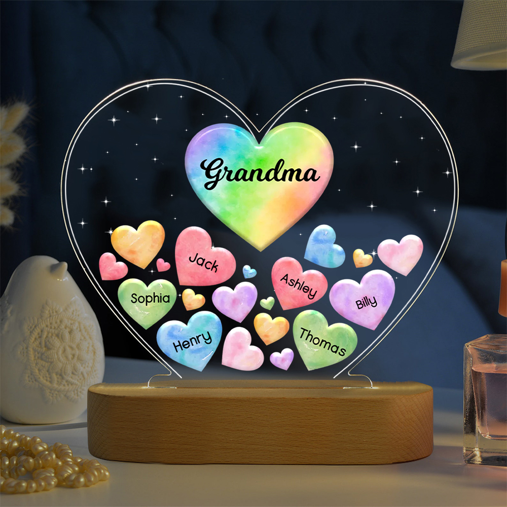 À Maman/Mamie - Lampe de chevet LED Cœurs 6 Prénoms Personnalisés avec 1 Texte