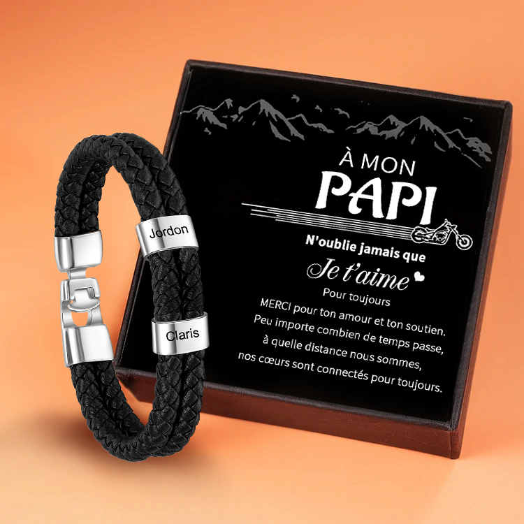 À mon Papi-Bracelet Cuir tressé 2 Perles Prénom Personnalisé Bracelet Homme