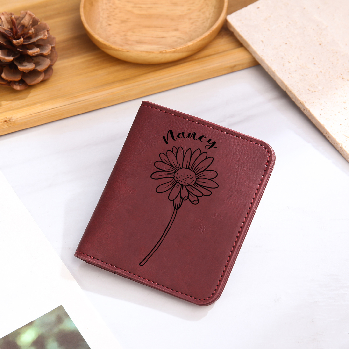 Portefeuille 1 Prénom et Texte Personnalisés avec Fleur de Naissance Porte-Monnaie Carte pour Femmes