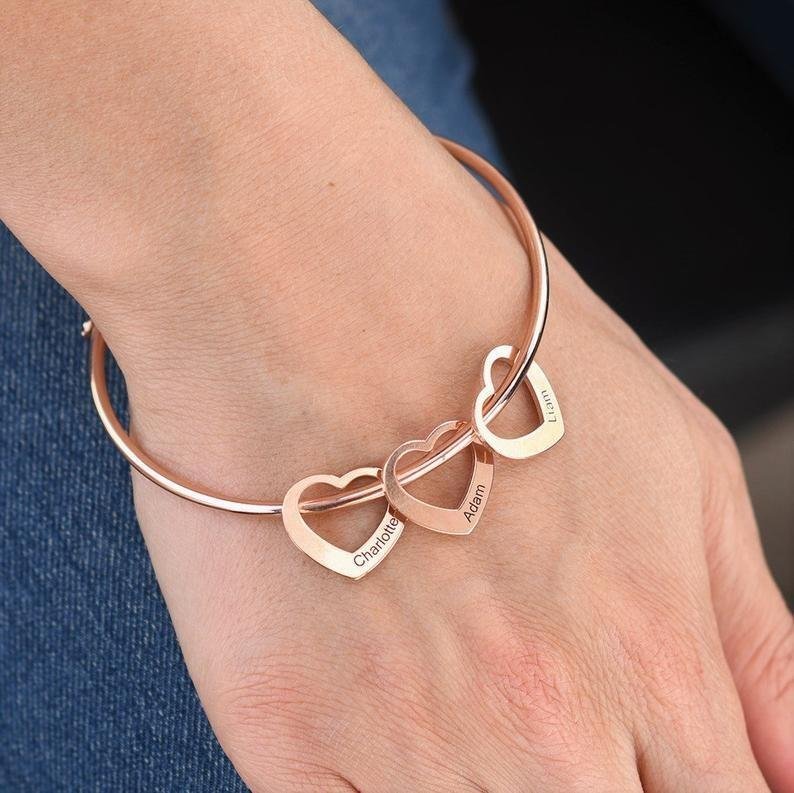 Bracelet Personnalisé 5 Prénoms Avec Pendentifs Coeur Bracelet Coeur|Jessemade