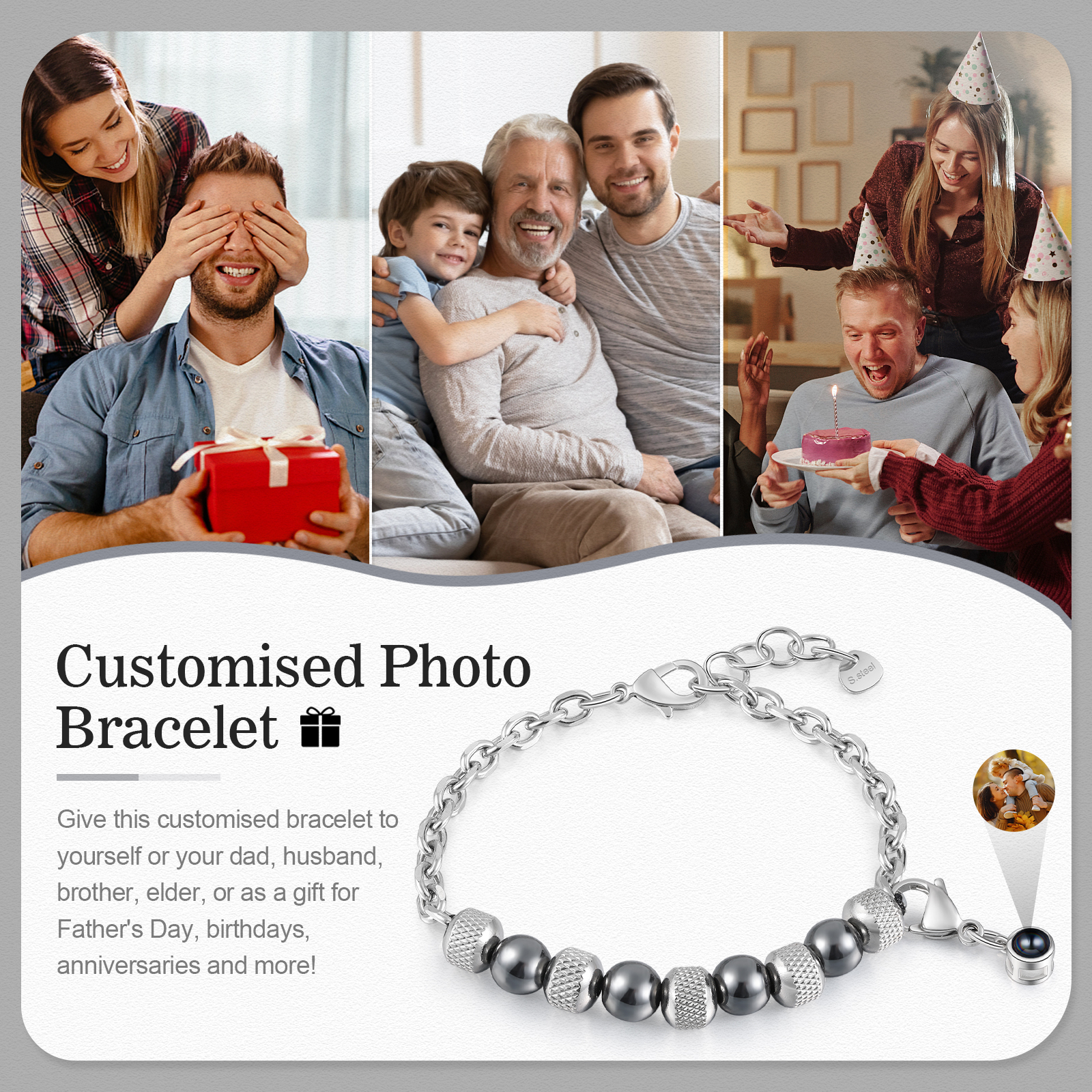 Bracelet Perles Projection de Pierres Photo Personnalisée