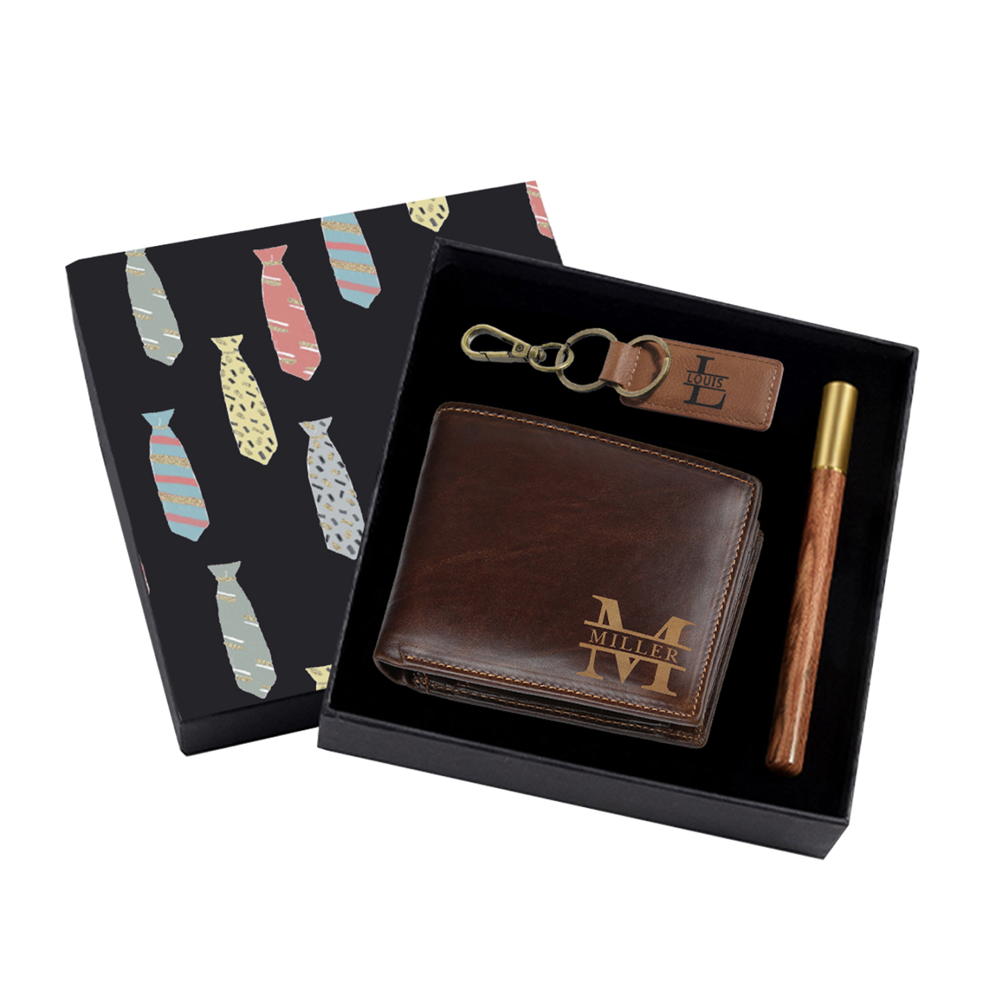 Coffret Cadeau 3PCS - Portefeuille classique Porte-Clés et Stylo 2 Textes Personnalisés avec 2 Prénoms et Lettres Coffret Cadeau pour Homme
