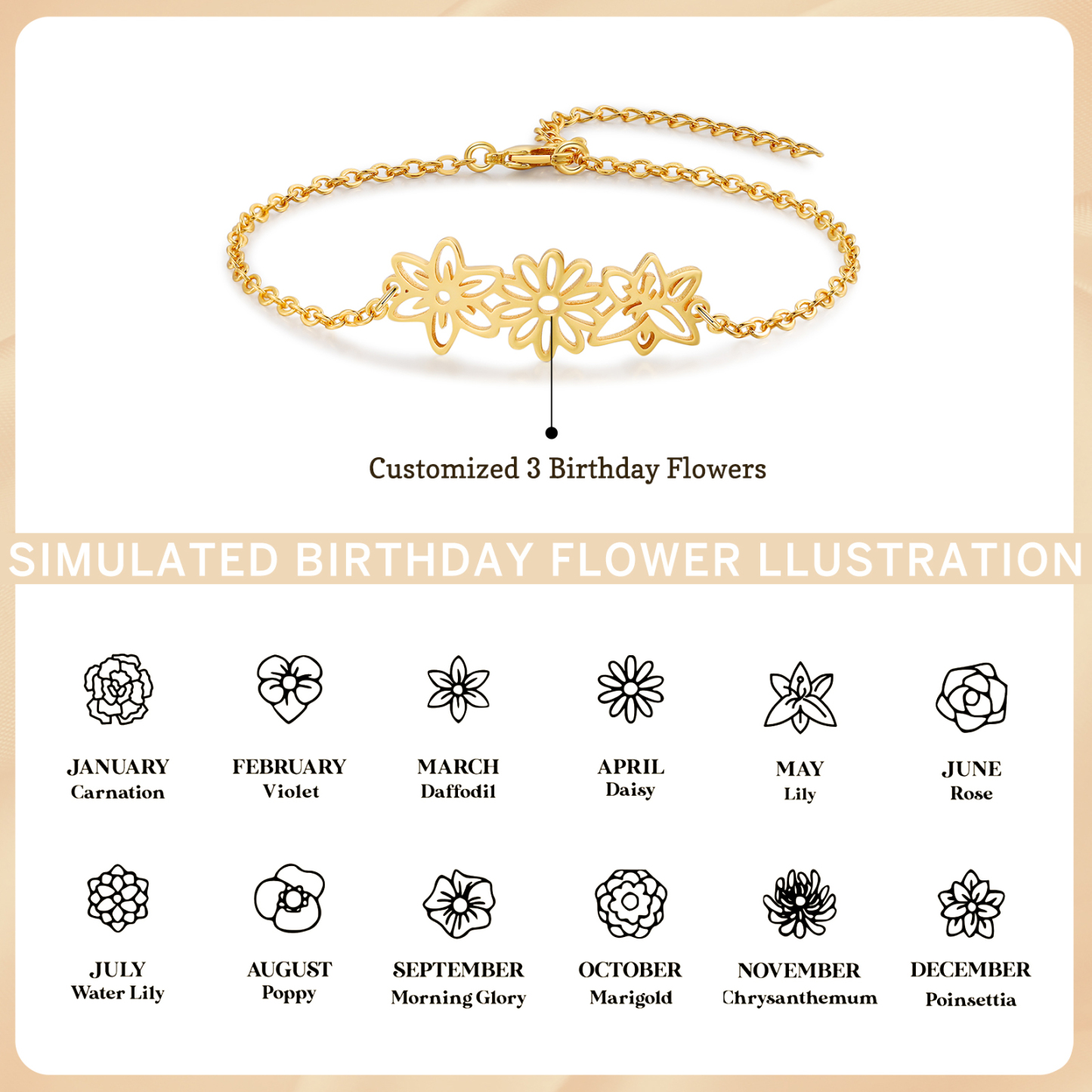 Bracelet 3 Fleurs de Naissance Personnalisées pour Femme