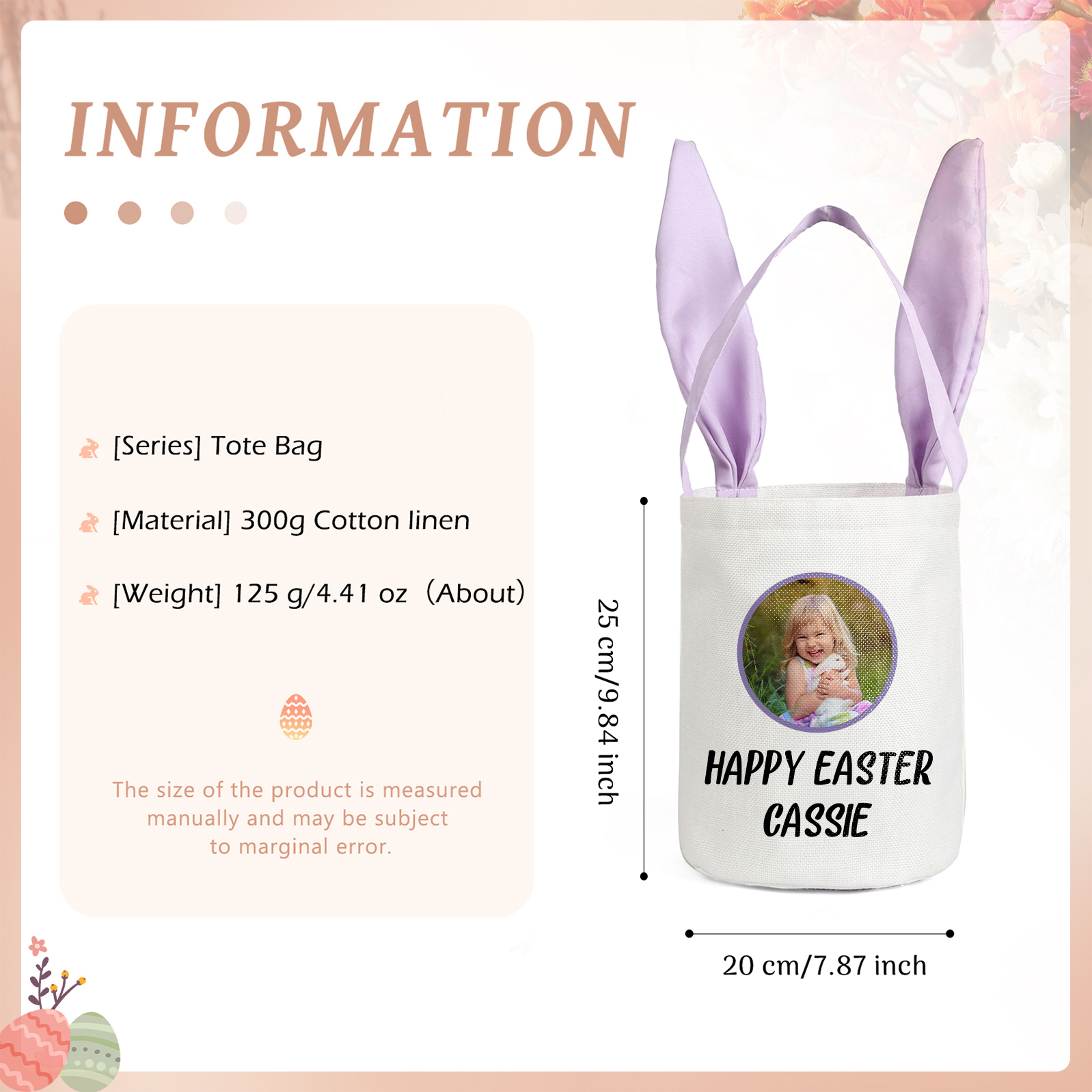 Sac de Pâques Lapin 1 Prénom et Photo Personnalisés avec Texte Tote Bag Enfant