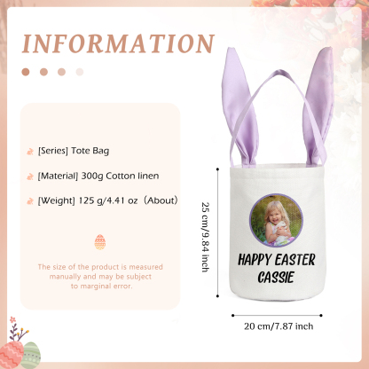 Sac de Pâques Lapin 1 Prénom et Photo Personnalisés avec Texte Tote Bag Enfant
