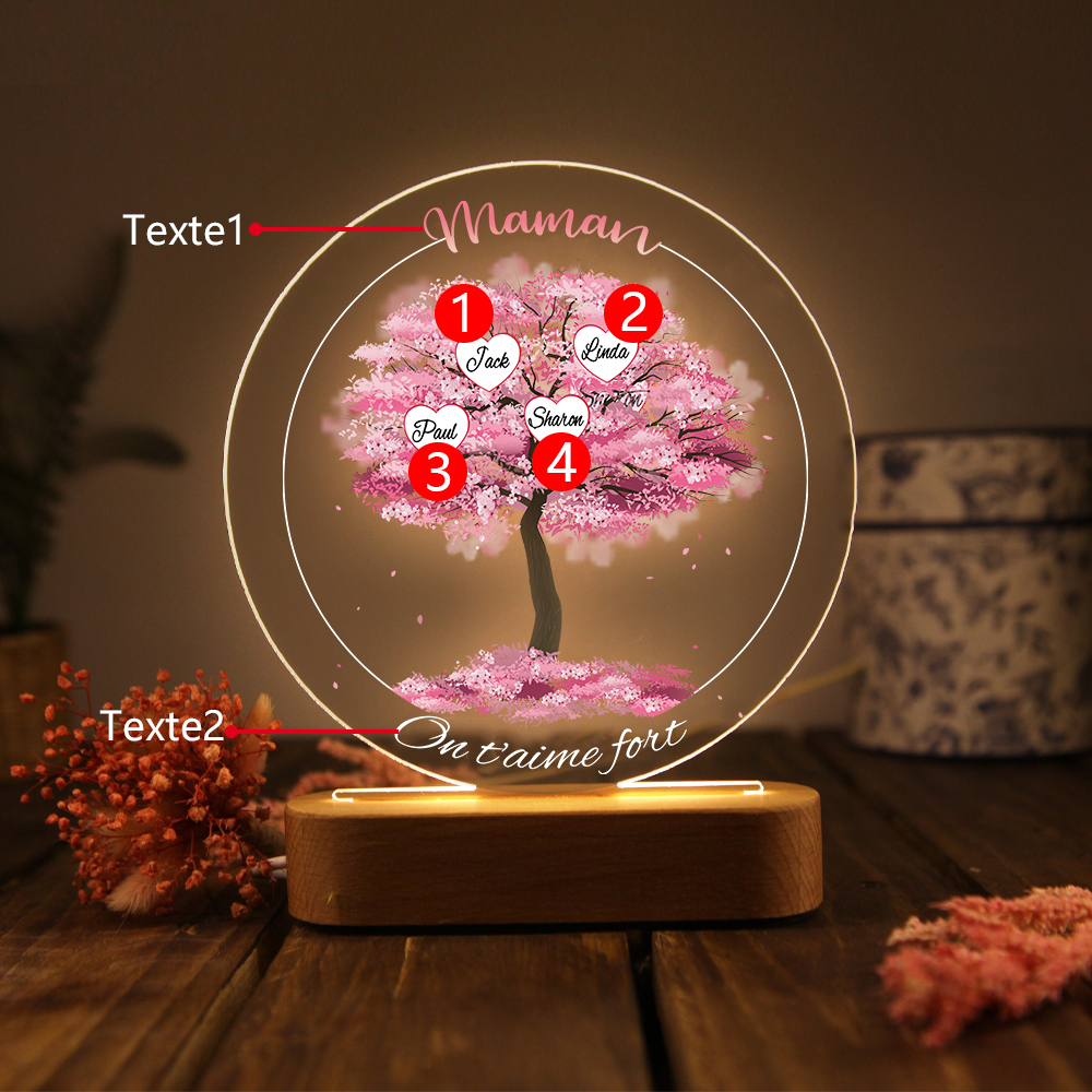 À Maman/Mamie - Lampe de chevet LED Lumières Arbre 4 Prénoms et 2 Textes Personnalisés pour Famille