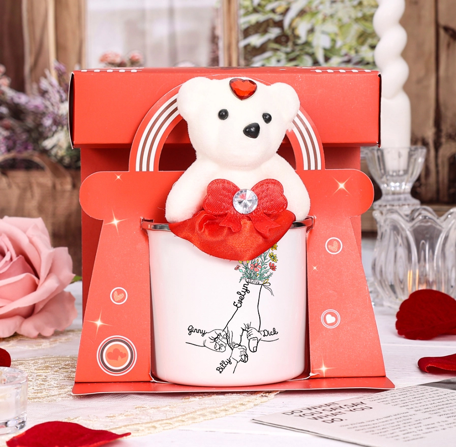 À Maman/Mamie - Tasse émaillée la Main dans la Main 4 Prénoms Personnalisés