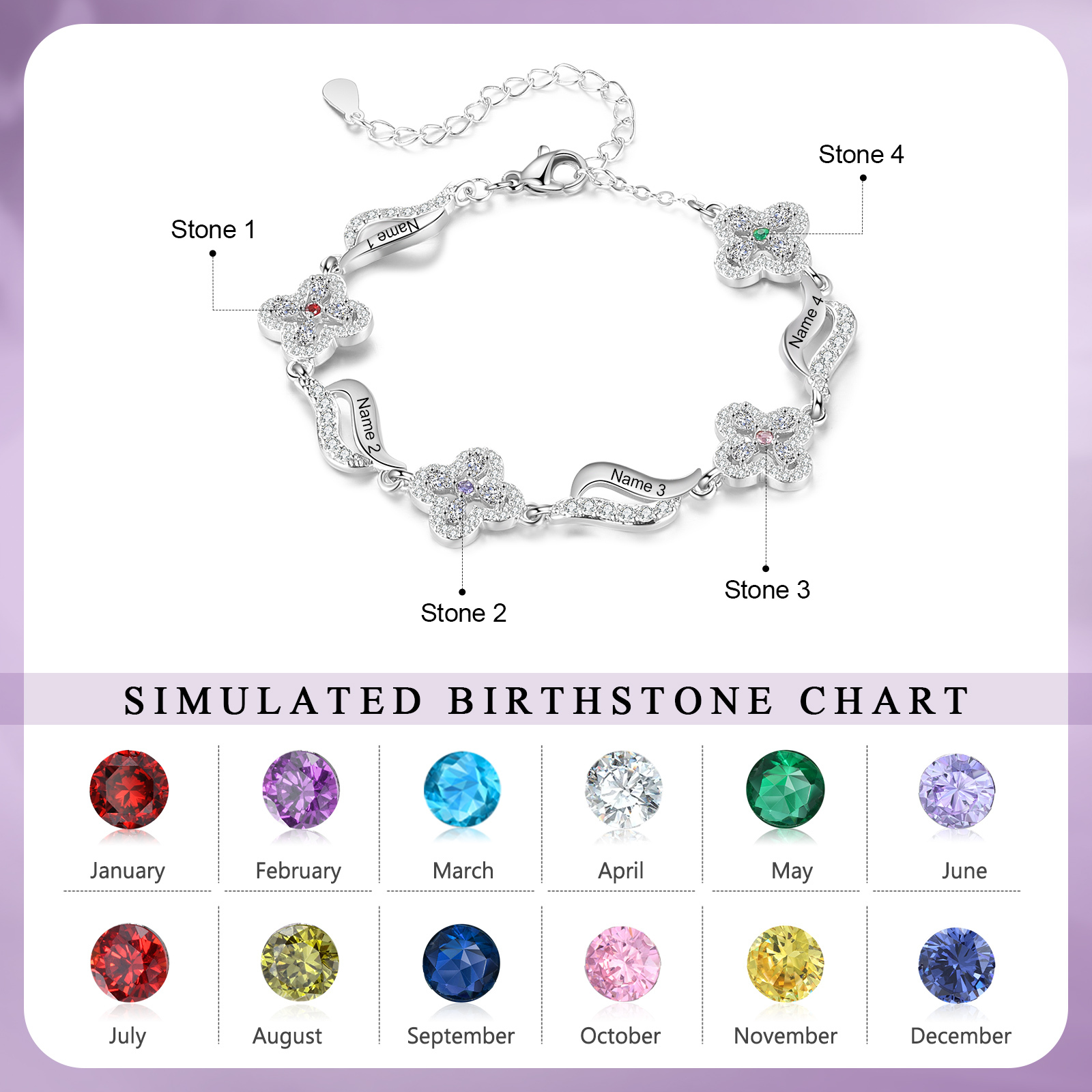 Bracelet Fleurs 4 Prénoms Personnalisés avec 4 Pierres de Naissance pour Femme | Jessemade