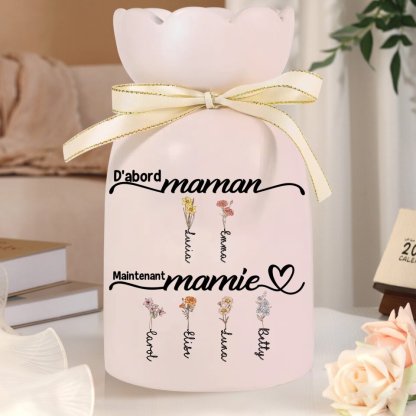 Vase Personnalisé Maman/Mamie avec 2-12 Prénoms & Fleurs de Naissance (sans fleurs), Vase avec Ruban | Jessemade