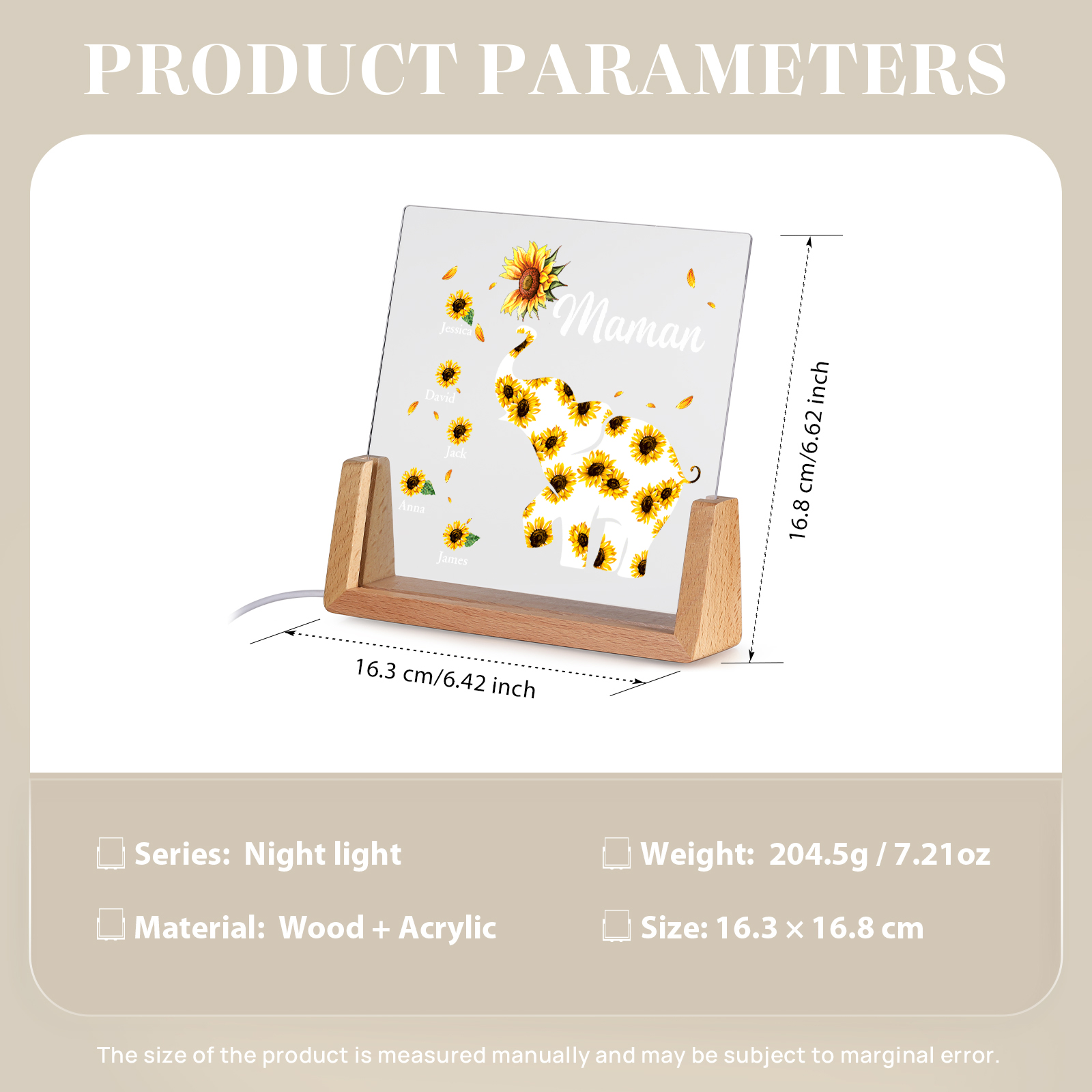 À Maman/Mamie - Lampe de chevet LED Éléphants 5 Prénoms Personnalisés avec Texte