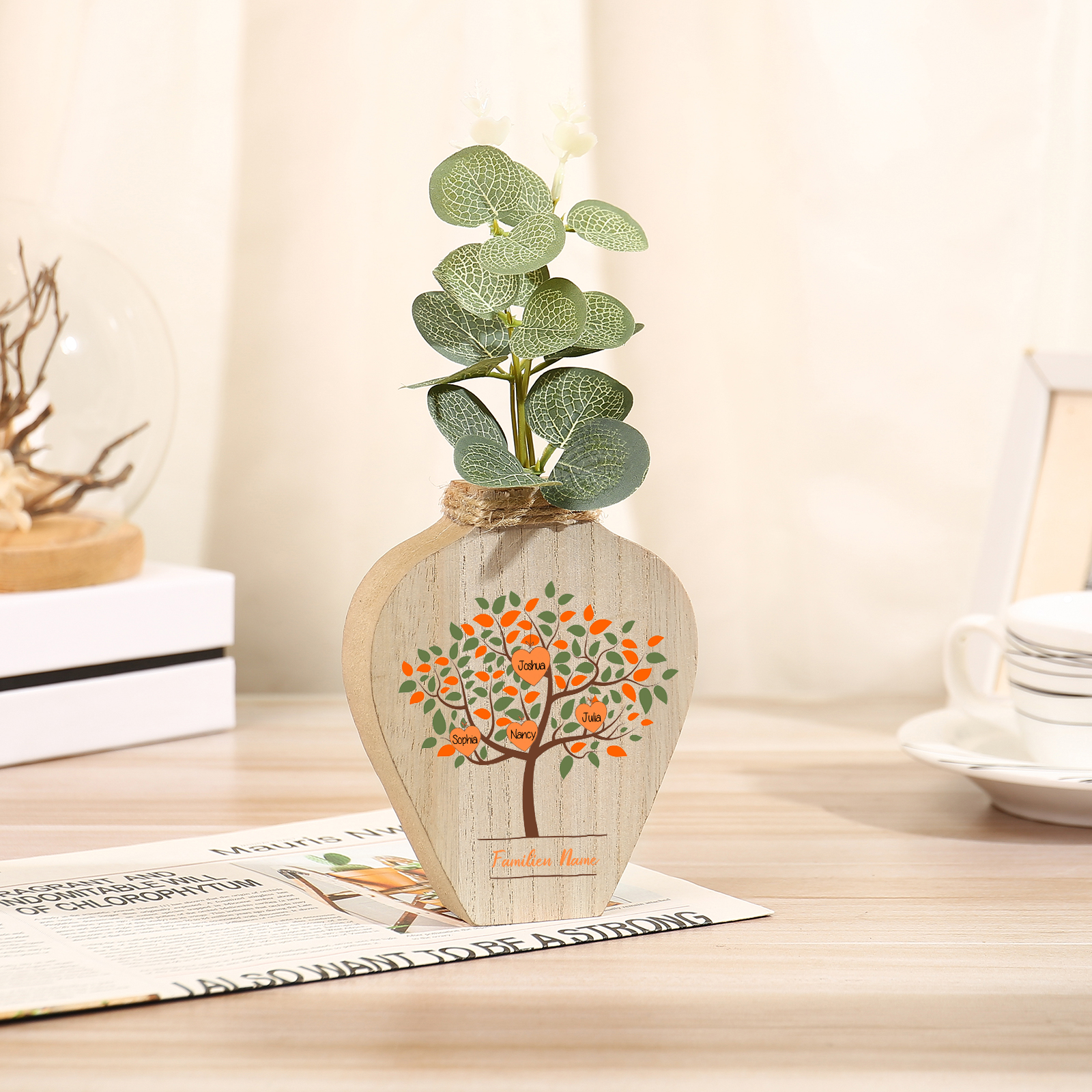 Petit Vase Créatif en Bois Arbre 4 Prénoms Personnalisés avec Texte Décoration de la Maison (sans plantes)