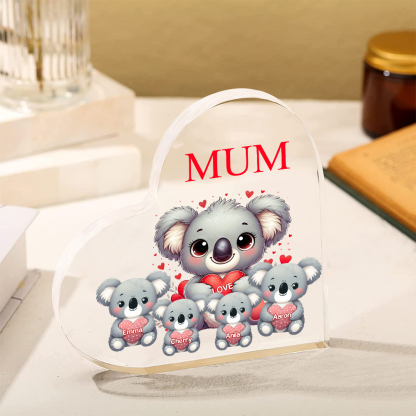 À ma Maman/Mamie - Plaque Acrylique en Forme de Cœur Koala 4 Prénoms Personnalisés avec 1 Texte