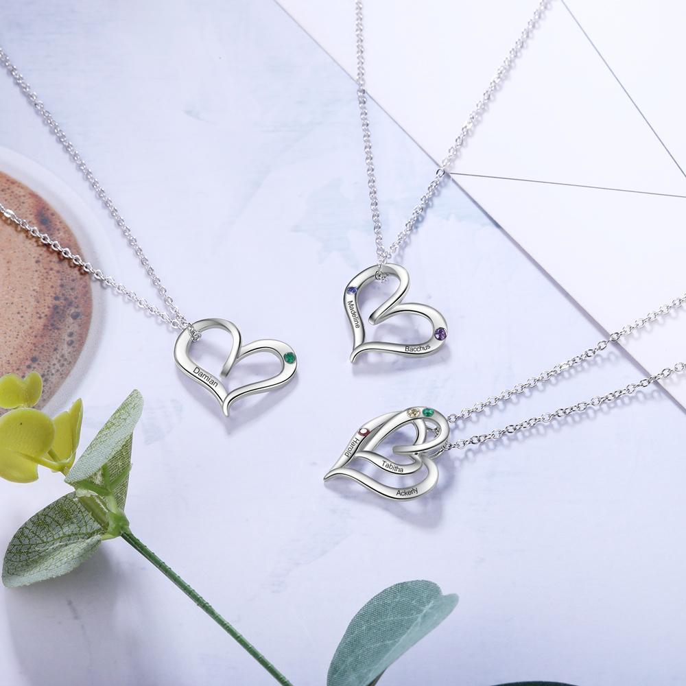 Collier Cœur 3 Prénoms Personnalisés avec 3 Pierres de Naissance Pendentif