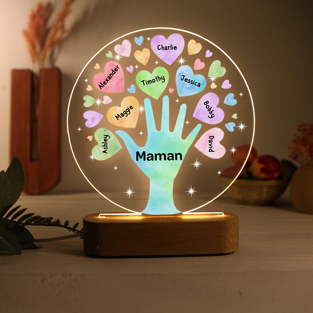 À Maman/Mamie - Lampe de chevet LED Lumières Cœur 8 Prénoms Personnalisés avec 1 Texte pour Famille