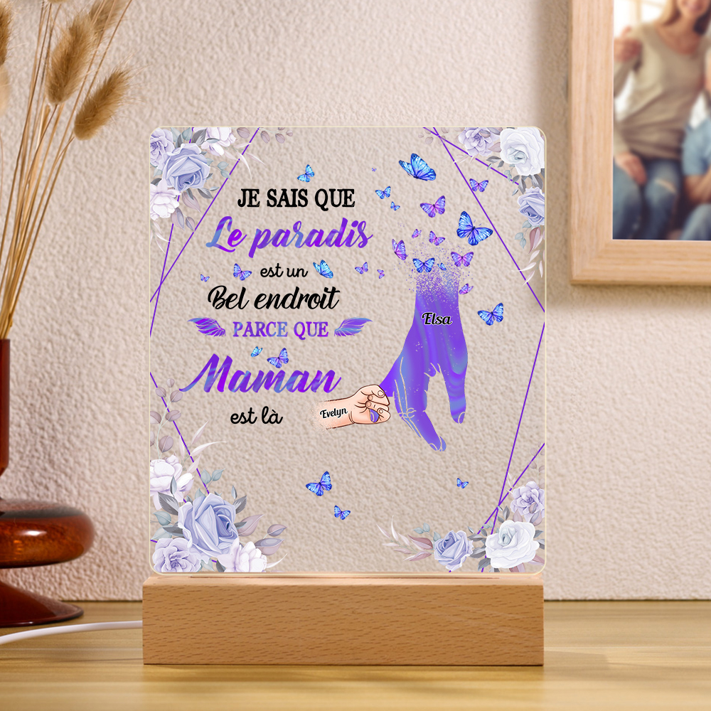 À Maman/Papa - Lampe de chevet LED Commémorative 2 Prénoms Personnalisés avec 1 Texte Lampe de chevet la main dans la main