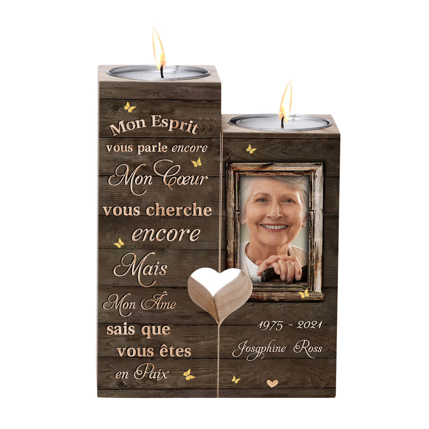 Bougeoir en Bois Commémoratif 1 Prénom et Photo Personnalisé avec Date sans bougie