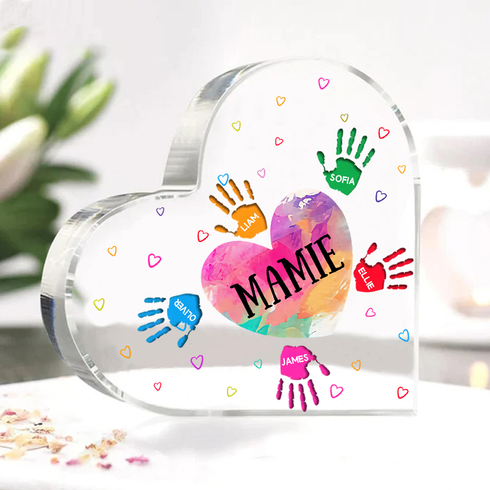 À ma Maman/Mamie - Plaque Acrylique Mains et Enfants en Forme de Cœur 6 Prénoms Personnalisés