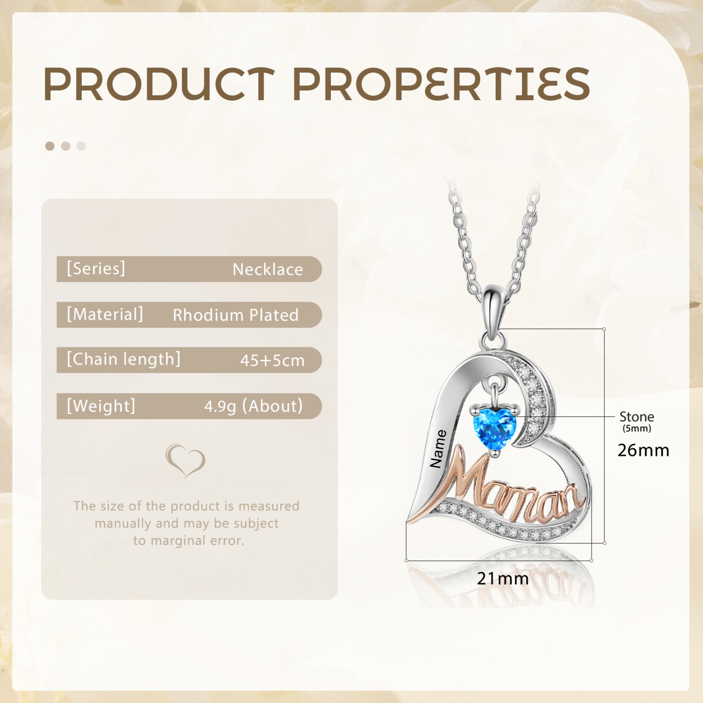 À Ma Maman-Collier Cœur 1 Prénom Personnalisé avec 1 Pierre de Naissance