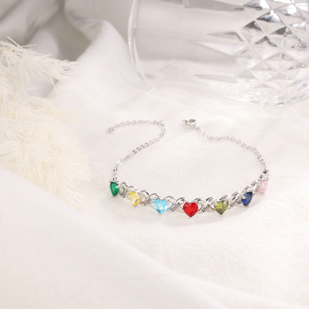 Bracelet à Breloque 7 Prénoms Personnalisé avec 7 Pierres de Naissance