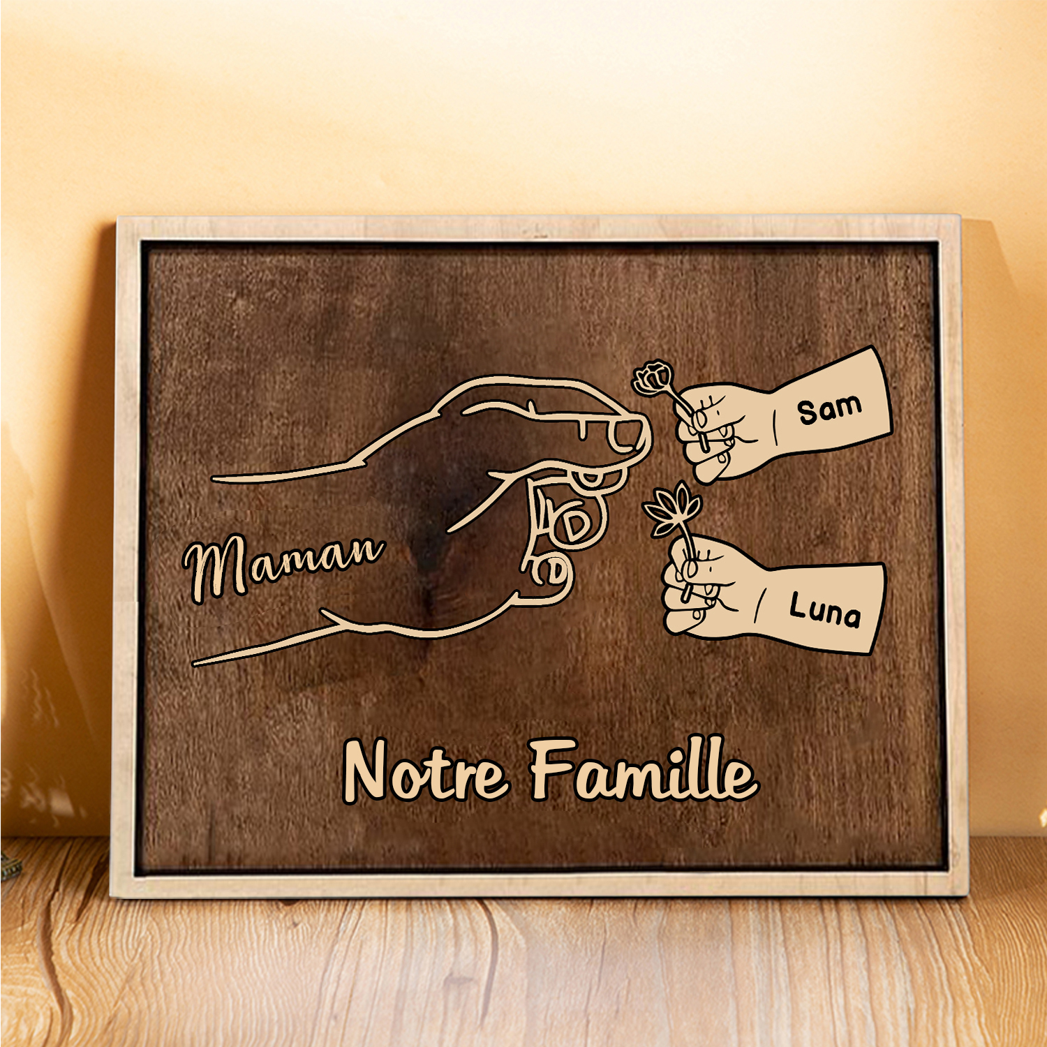 À Maman/Mamie - Cadre en Bois Main et Enfants 3 Prénoms Personnalisés avec Texte Cadeau pour Famille