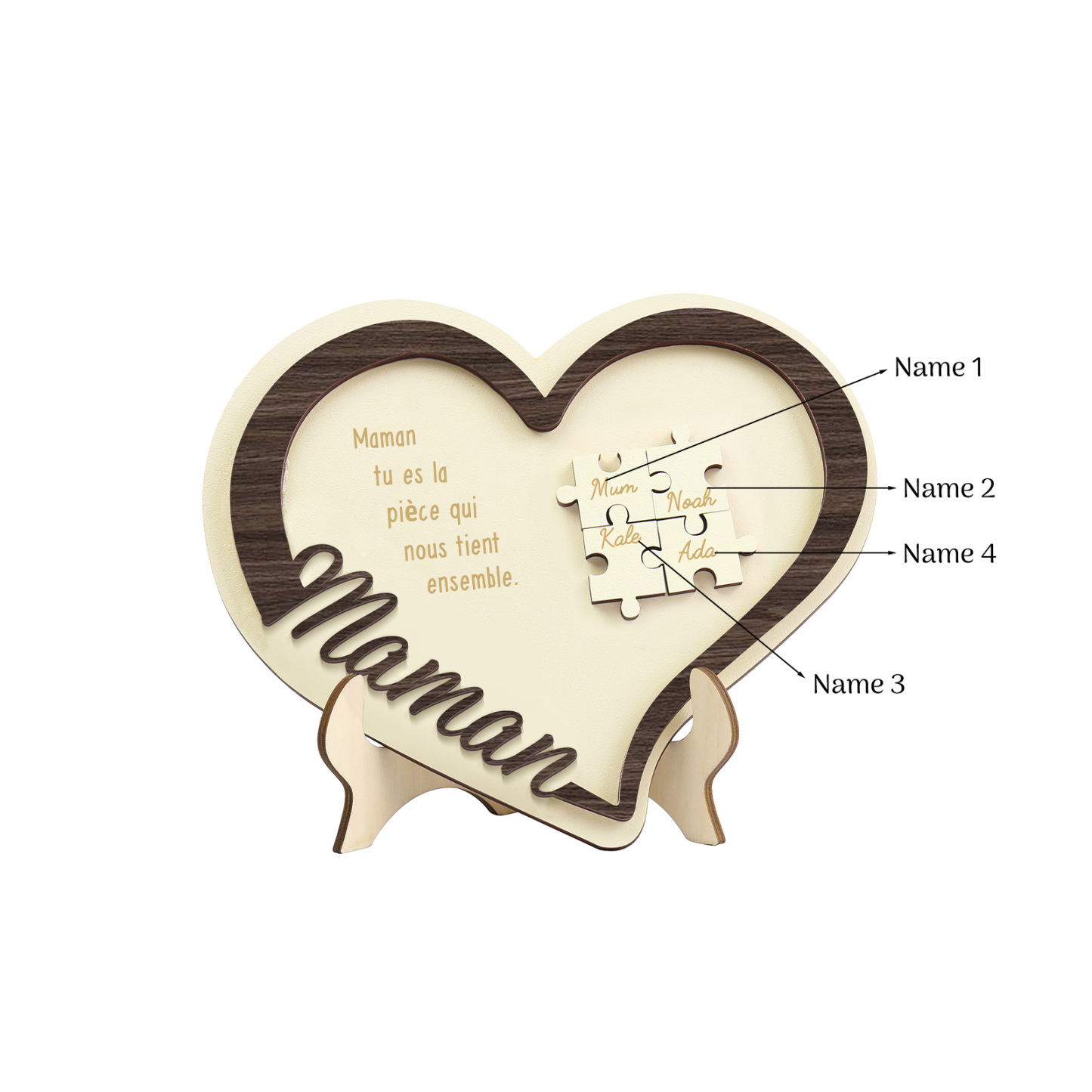 À ma Maman - Décoration en bois Cœur Puzzle 4 Prénoms Personnalisés Ornement pour Famille
