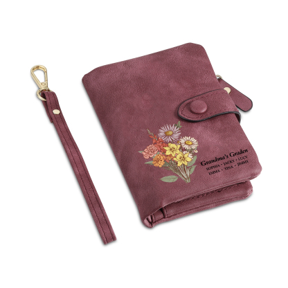 Portefeuille Fleur de naissance 1-6 Prénoms Personnalisés Porte-Monnaie Carte pour Femmes