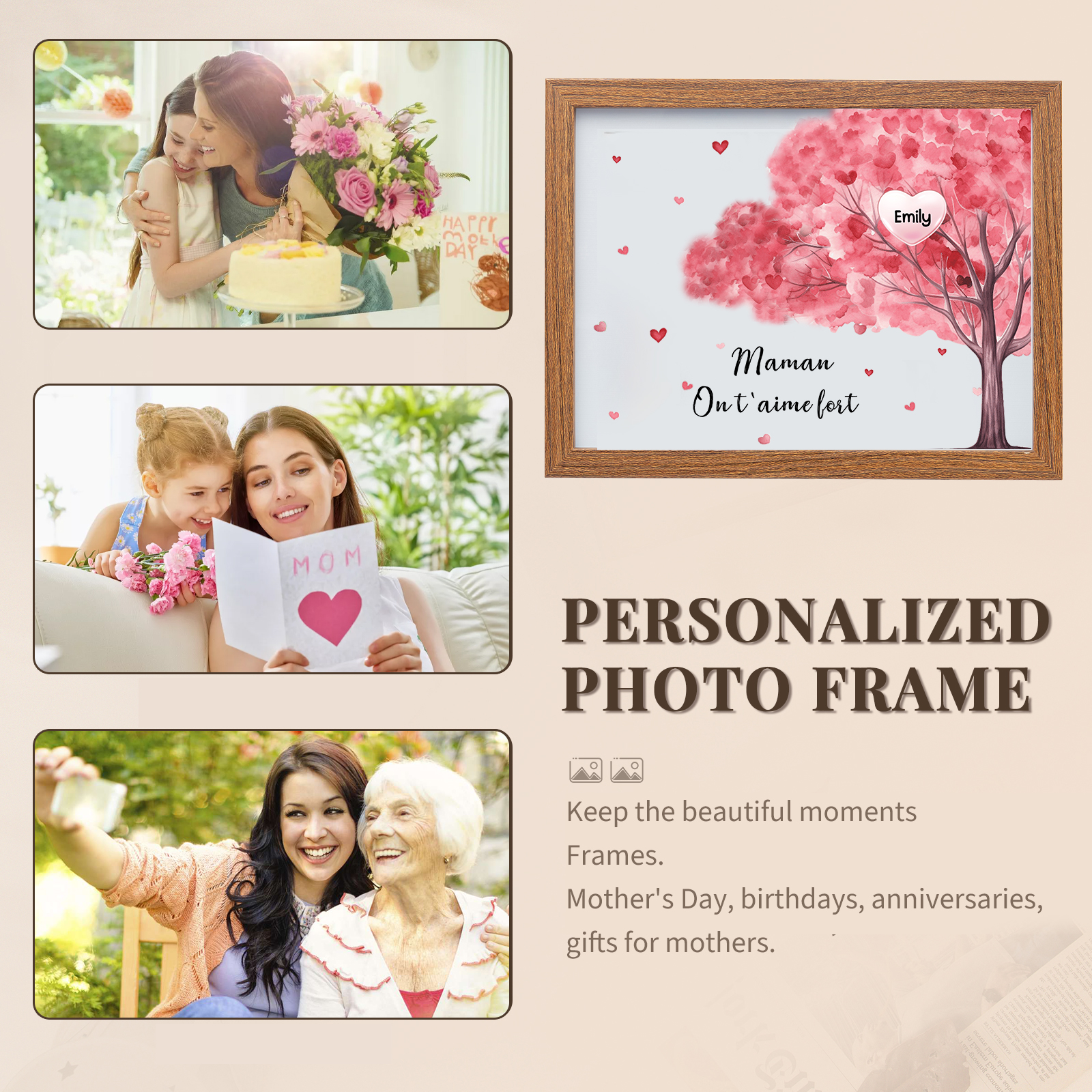 Cadre Photo LED Arbre 1 Prénom Personnalisé avec 1 Texte Décoration Famille