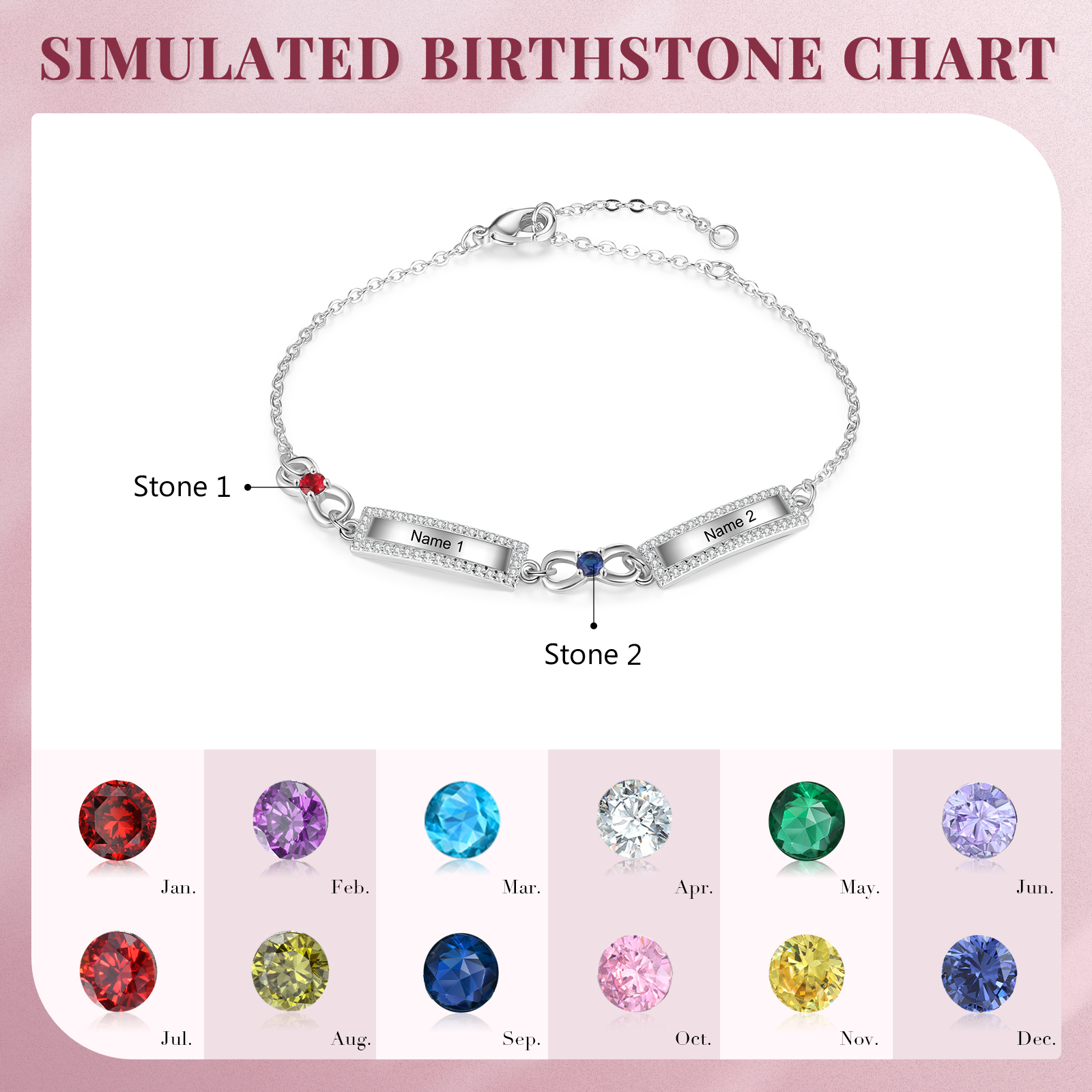 Bracelet Infini 2 Prénoms Personnalisé avec 2 Pierres de Naissance