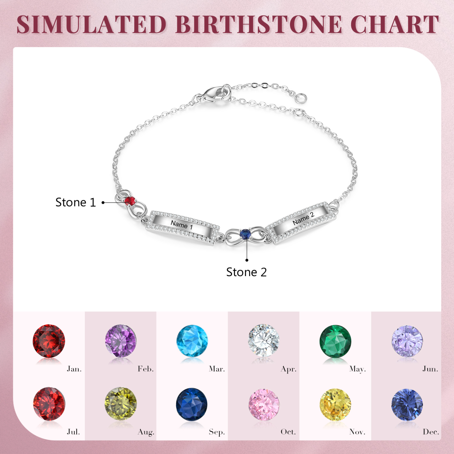 Bracelet Infini 2 Prénoms Personnalisé avec 2 Pierres de Naissance