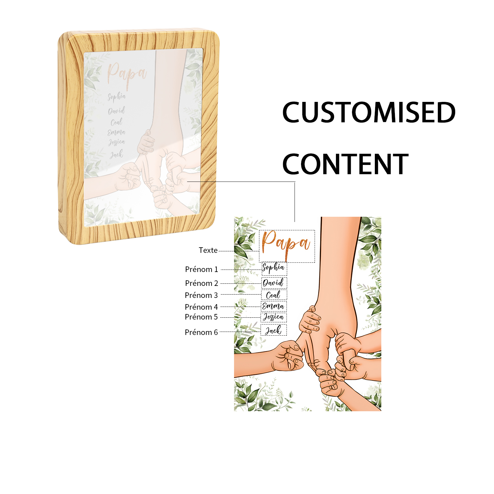 Lampe LED/Cadre Photo/Miroir multifonctionnel la main dans la main 6 Prénoms et 1 Tetxe Personnalisés Cadeau Créatif pour Famille