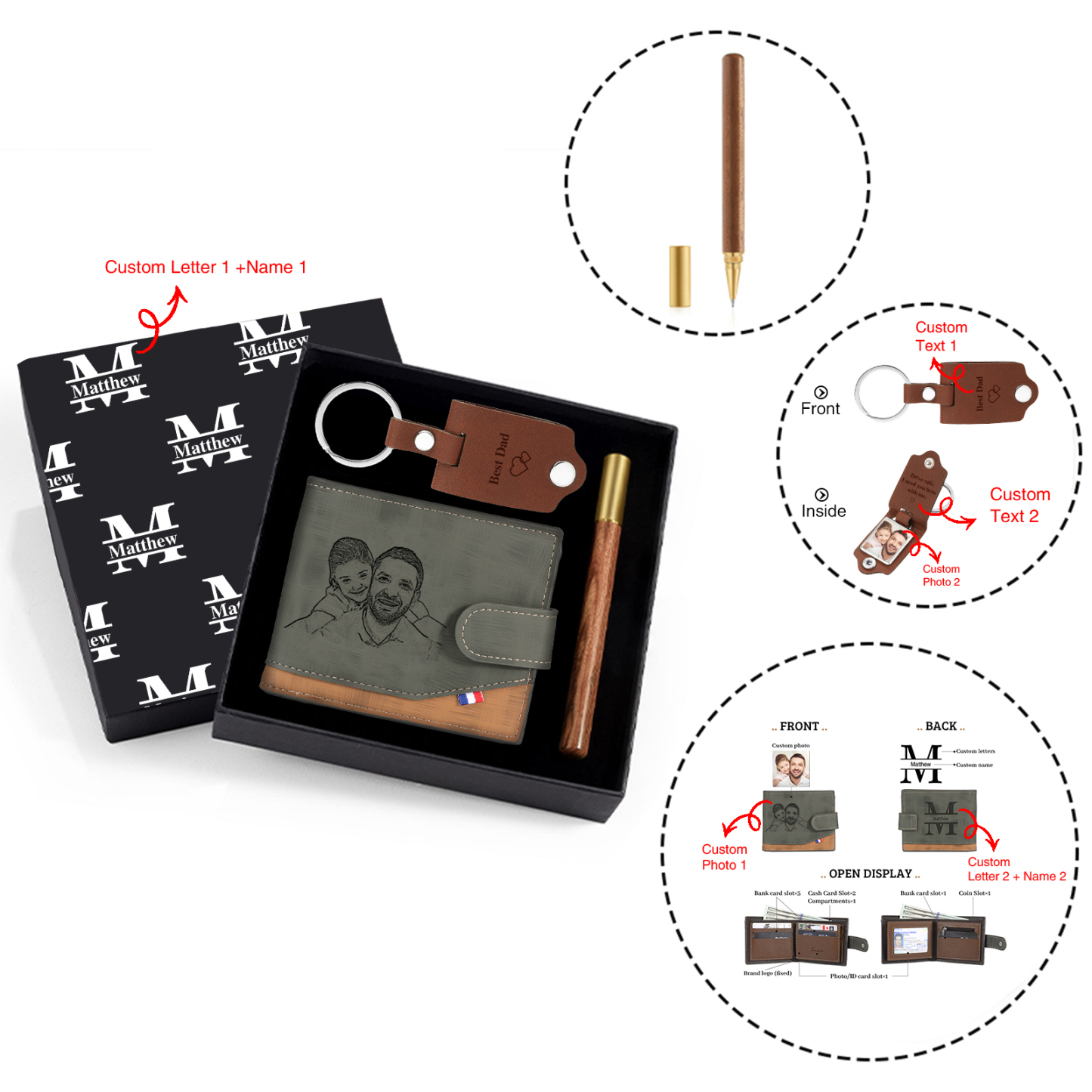 Coffret Cadeau 3PCS - Portefeuille classique Porte-Clés et Stylo 2 Prénoms et 2 Lettres Personnalisés avec 2 Photos et Textes Coffret Cadeau pour Homme