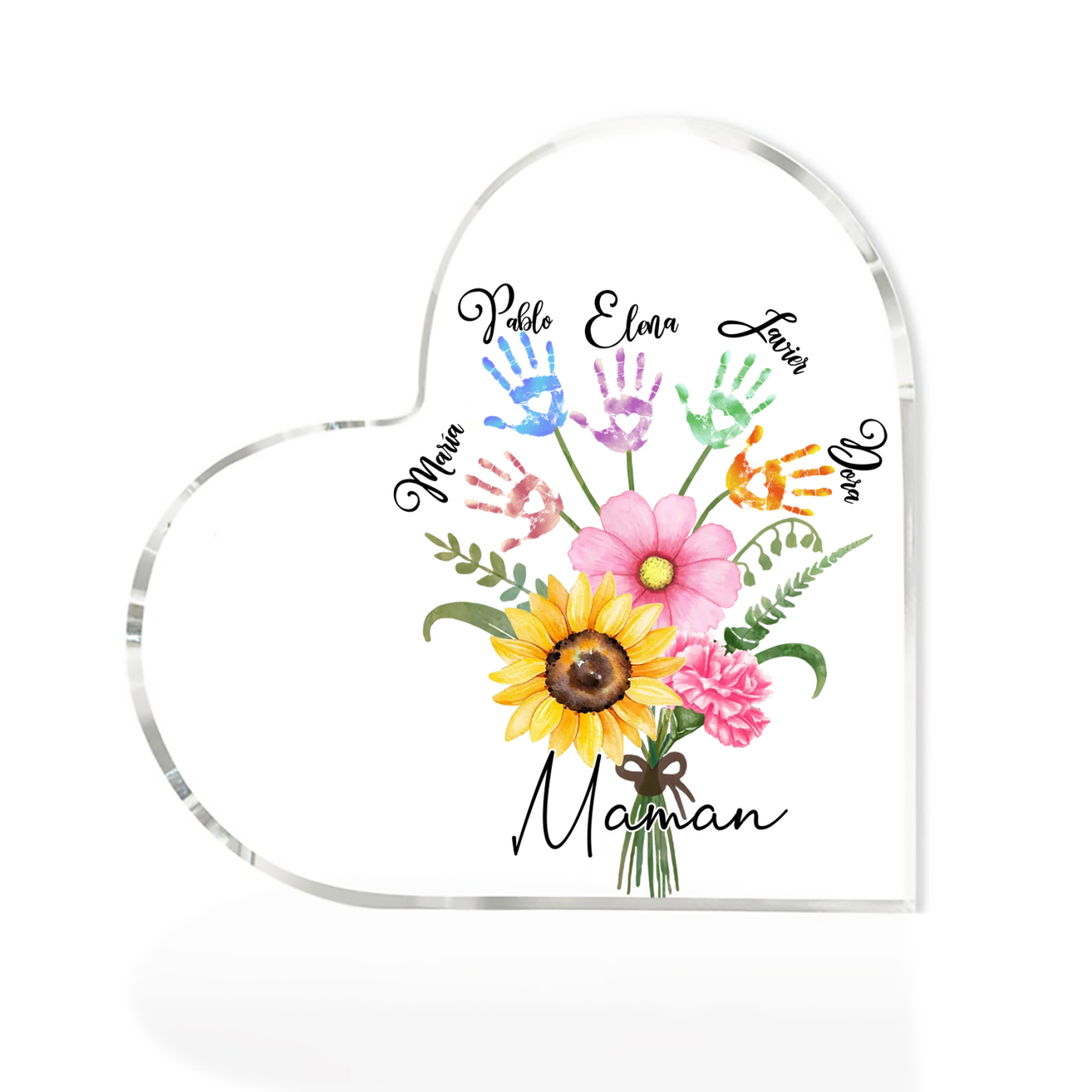 À ma Maman - Plaque Acrylique en Forme de Cœur fleurs 5 Prénoms Personnalisés
