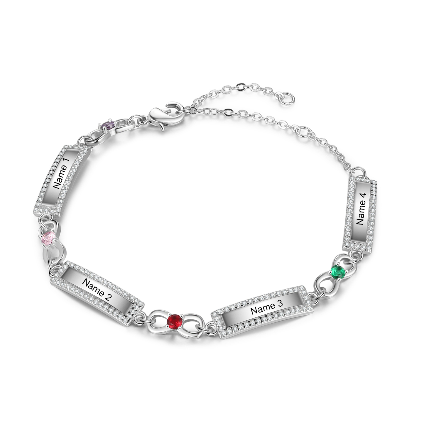 Bracelet Infini 4 Prénoms Personnalisé avec 4 Pierres de Naissance