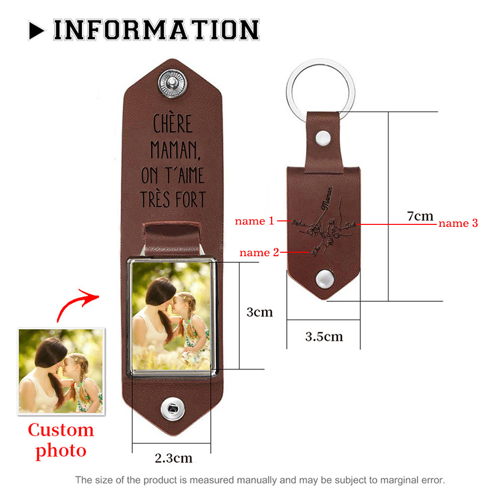 À ma Maman - Porte-Clés Cuir la Main dans la Main 3 Prénoms Personnalisés avec Photo