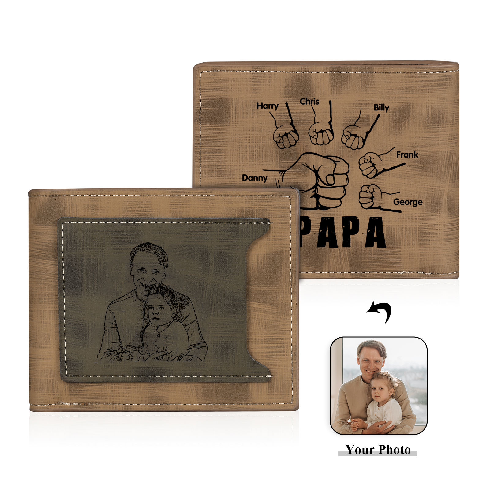 À mon Papa - Portefeuille Poings 6 Prénoms Personnalisés avec Photo Classique Homme Porte-Monnaie Carte